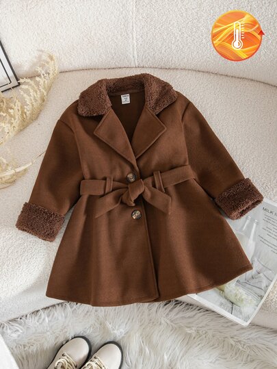 1pc Girls' Autumn/Winter Brown Faux Fur Collar Overcoat, Blazer Lapel Waist Tie Mid-Length Thickened Wool Jacket, Suitable For Daily Wear, Holiday Gatherings, Photo Shoots/Performances, Back To School And Travel Occasions