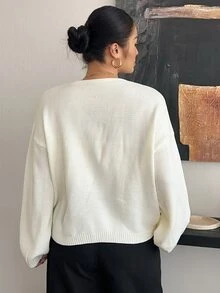 Dazy Plus Autumn/Winter Bowknot V-Neck Loose Lazy Soft Cardigan New Sweater - White - View 2