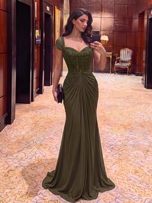 Aureia 女款優雅彈性針織網紗洋裝，魚尾下擺，適合正式婚禮 - 軍綠色 - 查看 3