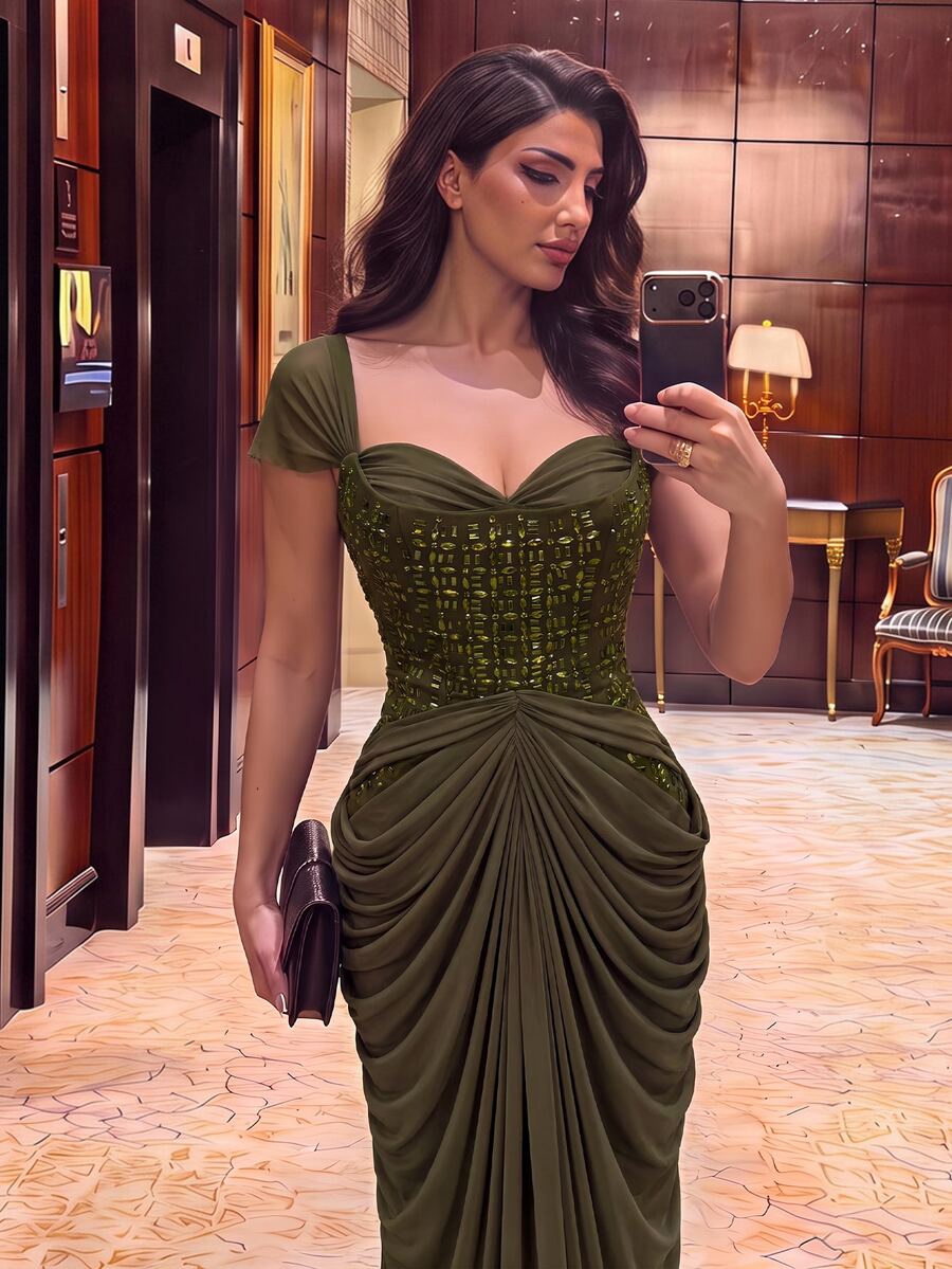 Aureia 女款優雅彈性針織網紗洋裝,魚尾下擺,適合正式婚禮 - 軍綠色 - 查看 1