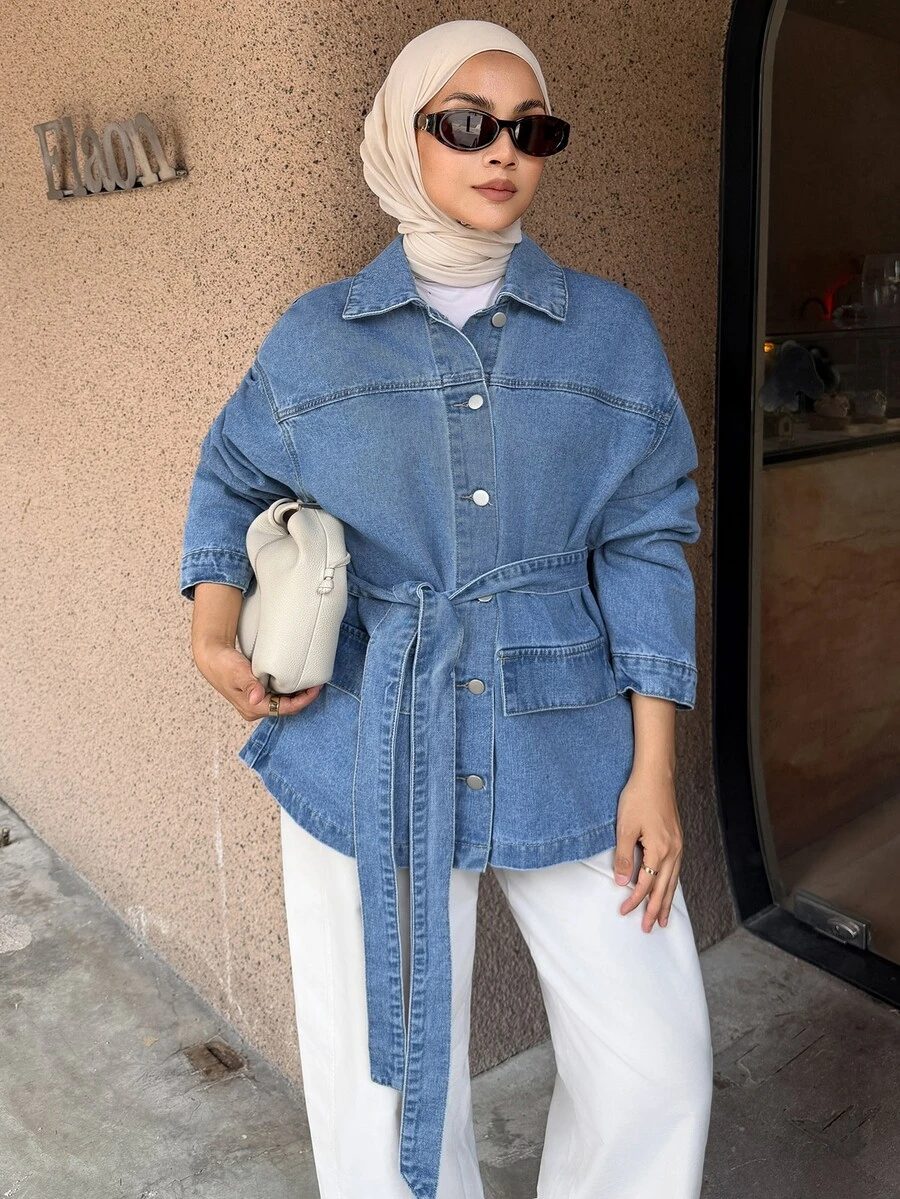 DAZY Women's Dropped Shoulder Long Sleeve Single-Breasted Waist Tie Casual Denim Jacket - Blue - View 1