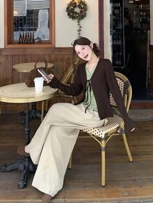 DAZY Women's Autumn/Winter Brown V-Neck Green 2 In 1 Patchwork Ribbed Knit Layered Casual Sweet Vintage Cardigan T-Shirt - Brown - View 6