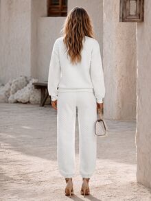Faunlyn Women's Solid Color Long Sleeve Top And Pants Casual Daily 2 Pieces Set - White - View 2