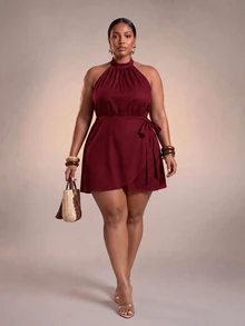 Veslaya Plus Size Women Solid Color Side Knot Fashion Halter Neck Dress - Red - View 1