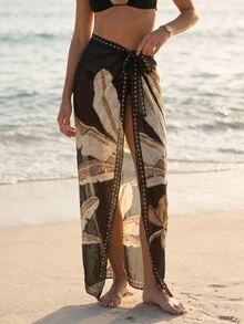 CAJUNI Chic Vacation Golden Palm Embroidery Elegant Beach Mesh Cover Up Sarong - Multicolor - View 6