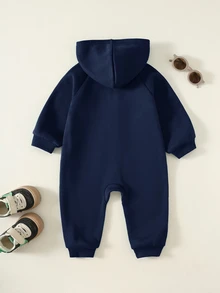 SHEIN Jumpsuit Bayi Laki-laki Motif Kuda Rajut Lembut Lengan Panjang Berkerudung Musim Dingin Serbaguna dan Nyaman - Navy Blue - View 2