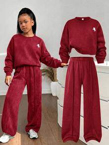 SHEIN Tween Girl Sweatshirt Set, Vintage Distressed Print 2 Pieces Set, Crew Neck Long Sleeve Pony Print Cropped Sweatshirt & Loose Long Pants Casual Outfit - Red - View 1