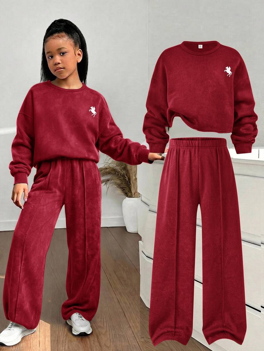 SHEIN Tween Girl Sweatshirt Set, Vintage Distressed Print 2 Pieces Set, Crew Neck Long Sleeve Pony Print Cropped Sweatshirt & Loose Long Pants Casual Outfit - Red - View 1