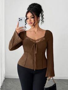 Elenzga Plus Size Brown Lace Patchwork Ribbon Tie Waist V-Neck Women's Blouse - Brown - View 1