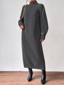 Aalyst Turtleneck Raglan Sleeve Sweater Dress Without Belt Fall Winter Cloth For Women - Dark Grey - View 4