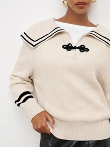 Maija Women's Striped Sailor Collar Button Design Long Sleeve Sweater - Apricot - View 6