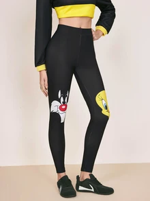 LOONEY TUNES X SHEIN Women's Cartoon Print Casual Daily Wear Tight Leggings - Black - View 4