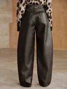 Anewsta Autumn/Winter New Women's Casual Professional Commute Lazy Versatile High Waist Distressed Washed PU Curved Leg Pants - Rust Brown - View 6