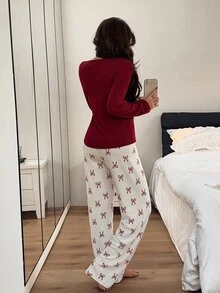 Napfluff Set Piyama Wanita Kasual Lengan Panjang dan Celana Panjang dengan Motif Pita Bergaris Halus - Merah - View 2