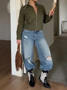 Dazy Plus Autumn Stand Collar Parka Jacket Green Button Decor Loose Casual Street Outdoor Denim Jacket - Army Green - View 3