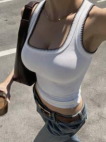DAZY Black Contrast Color Patchwork Lace Trim Fitted Sleeveless Sweet Sexy Cropped Tank Top For Women - White - View 3