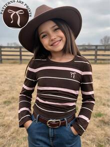 Young Girls 4-7Y Y2K Striped Bow Print Top, Flare Long Sleeve Ruched Slim Tee Shirt Fall Winter New In For Daily Casual Birthday Party Outing - Brown - View 3