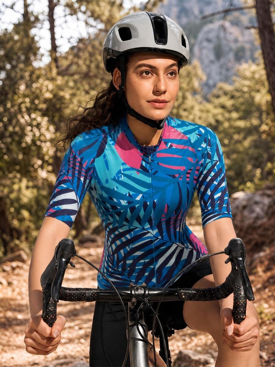 Exploreva Women's Tropical Plant Print Short Sleeve Cycling Jersey - Pink - View 1