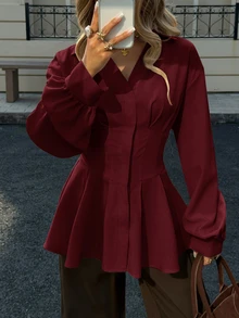 Siren Gaze 女款秋冬新款收腰 A 字長袖荷葉邊襯衫上衣 優雅端莊休閒春季波爾多紅/酒紅 - 酒紅色 - 查看 7