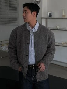 DAZY Cardigan Leher Bulat Musim Gugur/Dingin Warna Abu-abu Gelap Gaya Korea untuk Pria - Dark Grey - View 4