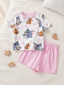 TOM & JERRY X SHEIN طقم ملابس منزلية للبنات الصغيرات بطبعة كرتونية، توب بأكمام قصيرة وشورت - وردي - مشاهدة 1