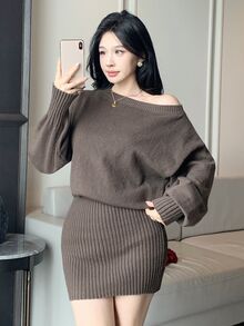 DAZY Women's Solid Color One Shoulder Long Sleeve Fitted Fashion Knit Dress - Brown - View 7