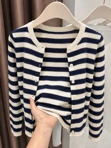 SHEIN LUNE Casual Women's Autumn/Winter Striped Cardigan Sweater - Multicolor - View 1