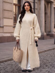 Omancia Cardigan Sweater Wanita Vintage dengan Tali Pengikat dan Warna Polos - Aprikot - View 3