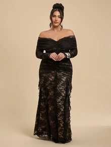 SHEIN BAE CURVE Plus Size Women's Lace Ruffle Long Sleeve Pleated Patchwork Ruffle Elegant Dress,Sophisticated Women's Black Lace Ruffle Long Dress With Stateme - Black - View 7