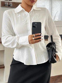 Dazy Plus Floral Embroidered Fitted Waist Long Sleeve Collared Elegant Vacation Spring Autumn Blouse Shirt - White - View 4
