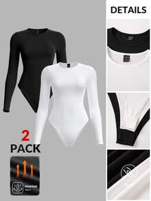 SHEIN BASICS Women's Minimalist Solid Color Long Sleeve Bodysuit 2 Pieces Set - Black and White - View 1