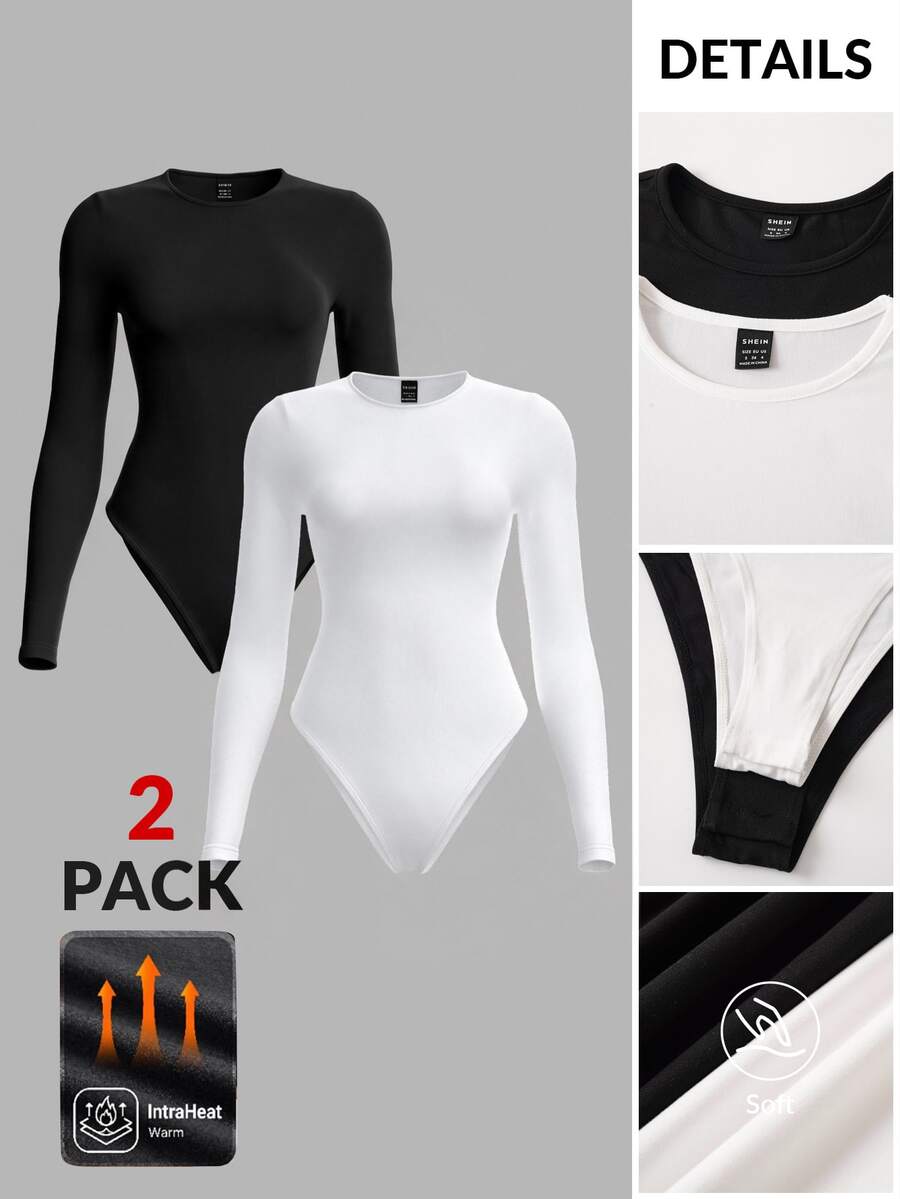 SHEIN BASICS Women's Minimalist Solid Color Long Sleeve Bodysuit 2 Pieces Set - Black and White - View 1