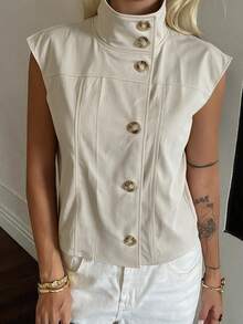 Livesso Women's Fashion High Neck Button Vest Jacket - Apricot - View 2