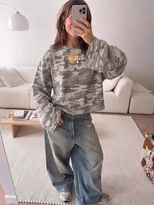 SHEIN EZwear 海外長袖迷彩印花T恤，大尺碼圓領長袖上衣，適合日常通勤、聚會、秋冬/夏季、聖誕節、新年、感恩節、派對、婚禮、海灘、畢業典禮、優雅、外出、約會、通勤、情人節、優雅、度假、Y2K、畢業典禮等 - 彩色 - 查看 6
