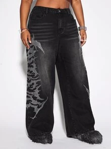 ROMWE Grunge Punk Casual Washed Letter Rhinestone Decor Plus Size Wide Leg Jeans - Black - View 4