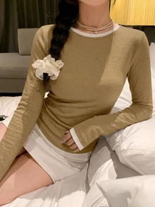 DAZY Women's Patchwork Colorblock 2 In 1 Crew Neck Long Sleeve Casual Streetwear Vacation Spring Autumn Base Layer T-Shirt - Brown - View 5