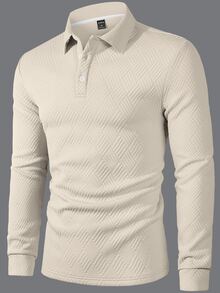 Calvornis 1pc Men Solid Color Plain Front Button Long Sleeve Simple Collar Polo Formal Shirt, Casual Everyday Wear, For Work, For Husband, For Fall, Ceremony - Apricot - View 4