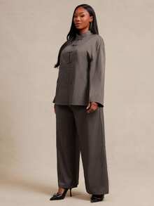 SHEIN SXY Brown Chinese Style Long Sleeve Frog Button Shirt And Pants 2 Pieces Set Fall - Brown - View 3