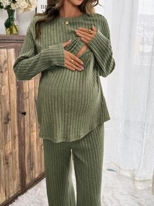 Slowluna 孕婦純色圓領長袖上衣與可調腰長褲哺乳兩件套 - 綠色 - 查看 8
