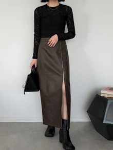 FRIFUL Women's Solid Color Slit Design Casual Daily Wear Skirt - Black - View 3