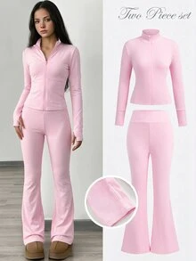 SHEIN Girlism 青少年女孩秋季粉色羅紋針織長袖拉鍊夾克配假領微喇褲套裝，青少年女孩套裝 - 粉色 - 查看 3