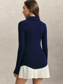 Activina Gaun Olahraga Wanita Motif Blok Warna, Patchwork, Hem Berlipit, Lengan Panjang, Setengah Resleting, Set Celana Pendek, Tenis, Golf, Pakaian Sehari-hari, Musim Gugur/Musim Dingin, Warna Navy, Putih Elegan - Dark Green - View 3