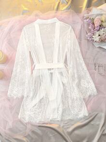 DelicateAllure White Lace Patchwork Sheer Satin Romantic Babydoll Nightgown For Women - White - View 2