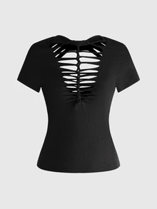 ROMWE Grunge Punk Women's Y2K Punk Sexy Distressed Design Slim Fit Solid Color Versatile T-Shirt - Black - View 2