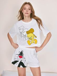 LOONEY TUNES X SHEIN Women's Round Neck Short Sleeve Top And Shorts Pajama Set LOONEY TUNES - White - View 4