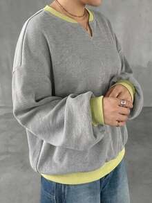 Dazy Plus Early Autumn New Korean Style Contrast Color Waffle Fabric Loose Sweatshirt - Grey - View 1