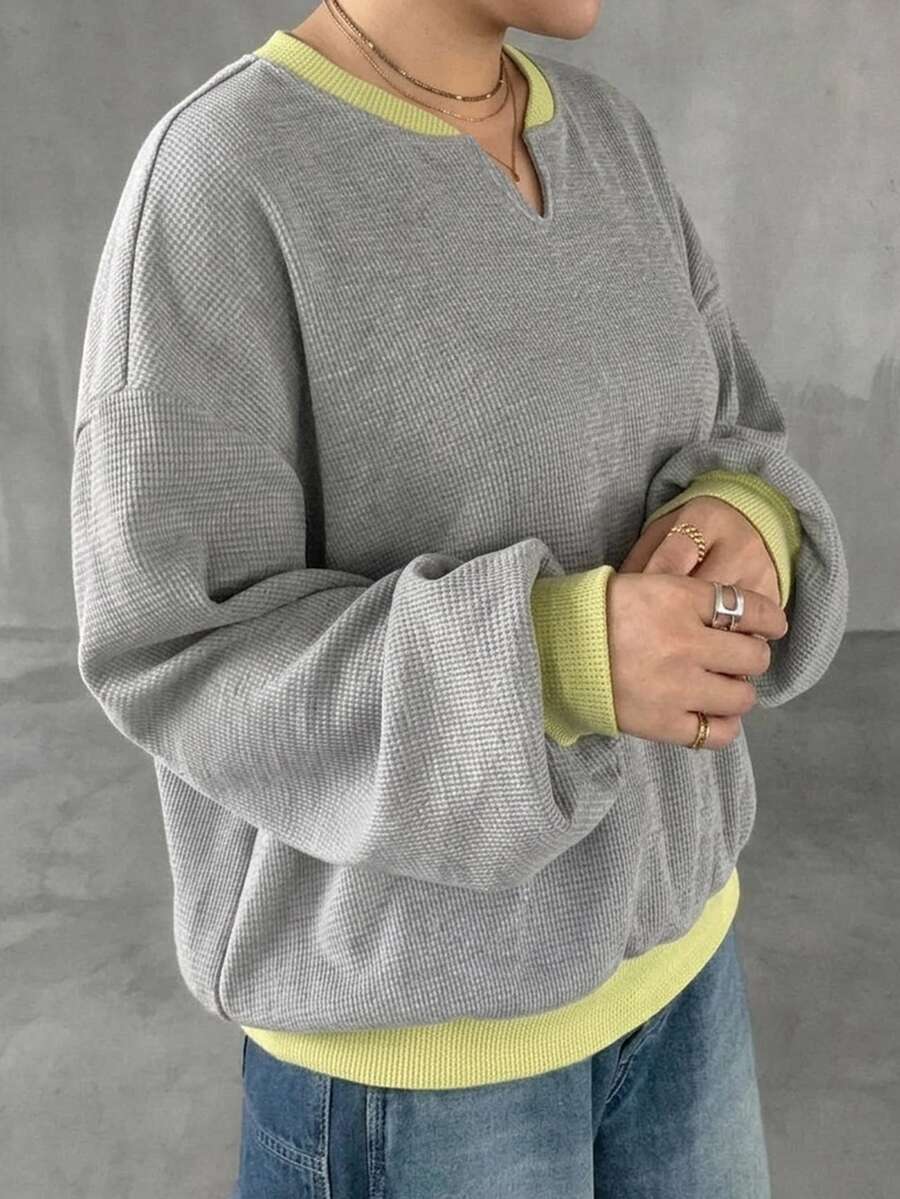 Dazy Plus Early Autumn New Korean Style Contrast Color Waffle Fabric Loose Sweatshirt - Grey - View 1