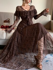 DAZY Women's V-Neck Bell Sleeve Patchwork Ruffle Elegant Lace Dress - Coffee Brown - View 7