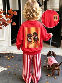 SHEIN Playful Pals 女嬰 2 件套秋季套裝 卡通狗狗印花圓領衛衣與條紋長褲 可愛休閒嬰兒裝 - 彩色 - 查看 1