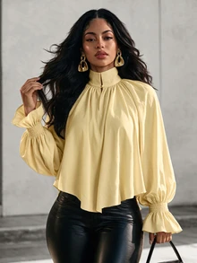 Eryvara Women's Fashionable Elegant Solid Color Ruffle Asymmetric Hem Blouse, Suitable For Vacation, Autumn Brunch, Beach Garden Party And Other Occasions, Light Yellow Tone. - Yellow - View 7